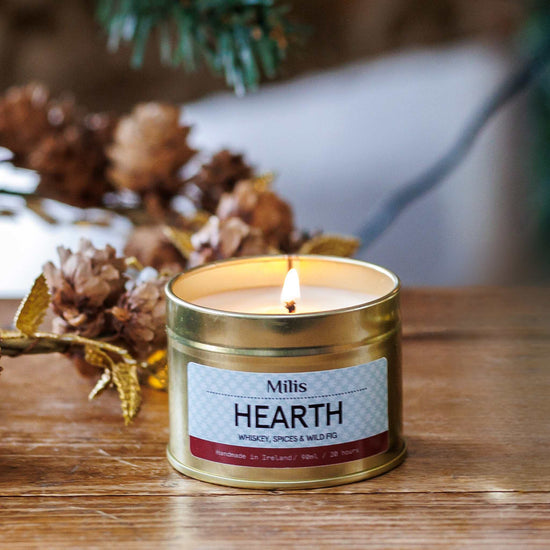 Milis Candles Hearth - Whiskey & Fig Soy Candle - 90g Gold Tin - Milis Winter Collection